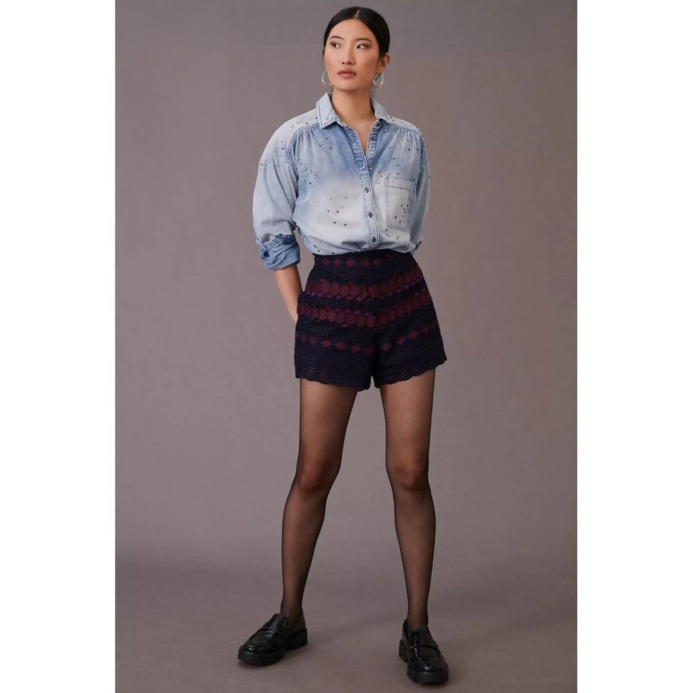 Anthropologie Shorts Women 12 Blue Purple Maeve Lace Boho Crochet Style Festival